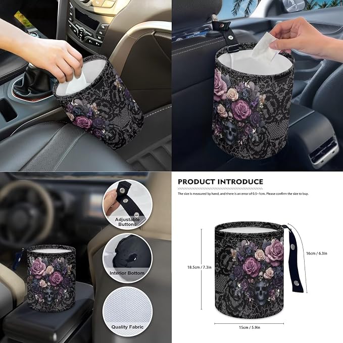 Rose Skull Print Full Set Car Seat Covers with Accessories Includes Steering Wheel Cover Center Console Pad Safety Belt Pads Inside Rearview Mirror Cover Garbage Bag Coasters