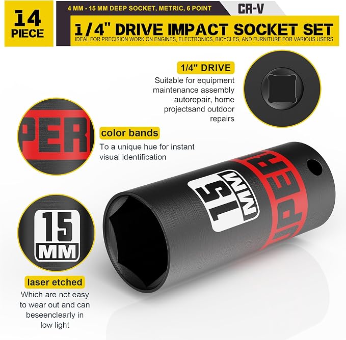 14 Piece 1/4" Drive Impact Socket Set, 4 mm - 15 mm Deep Socket, Metric, 6 Point, CR-V, Auto Repair Bicycle Maintenance and Furniture Assembly