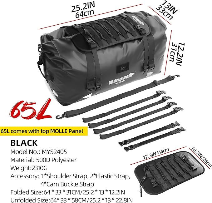 Rhinowalk Motorcycle Saddle Bag 65L – Large Waterproof Tail Bag with Expansion Panel, MOLLE System Touring Backpack for Long Rids