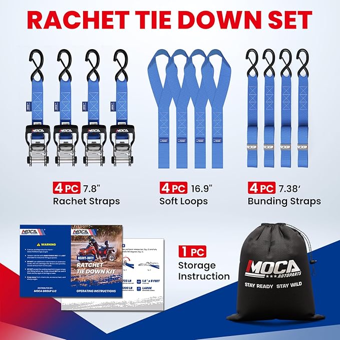MOCA Blue Heavy Duty Ratchet Tie Down Straps - 5,200 Lbs Breaking Strength 1.6" x 8', Includes 4 Heavy Duty Ratchet Padded Handles & Coated Chromoly S Hooks & 4 Soft Loop Tie-Downs