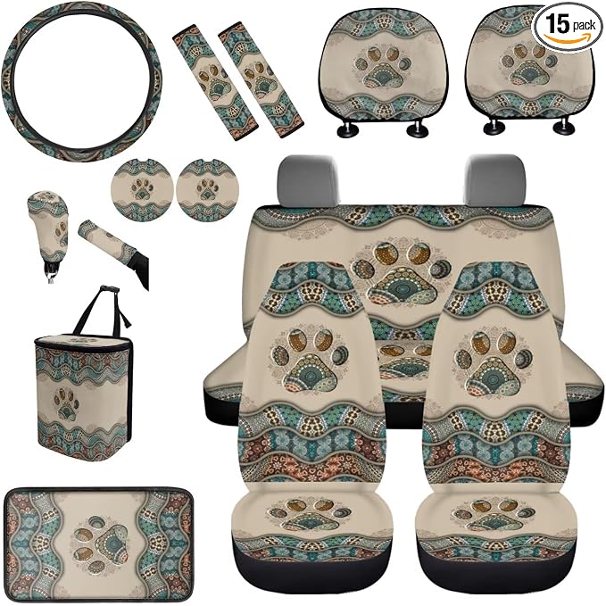 BIGCARJOB Boho Dog Paw Car Seat Cover Full Set 15 Pieces Boho Print Car Interior Accessories Set with Universal Steering Wheel Cover Car Trash Can Hanging Seat Headrest Covers
