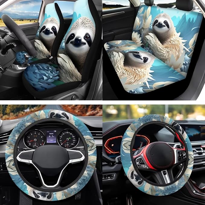Funny Sloth 12 Pack Car Seat Covers Full Set with Steering Wheel Accessories Car Seat Belt Cover Arm Rest Cover Car Cup Coasters Universal Fit for Most Cars,SUVs