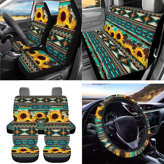 Dreaweet Sunflower Aztec Seat Covers Full Set Green Universal Car Accessories for SUV Trucks Steering Wheel Covers Seatbelt Covers Coaster Trash Can Air Vent Holder Rear View Mirror Cover Keychain