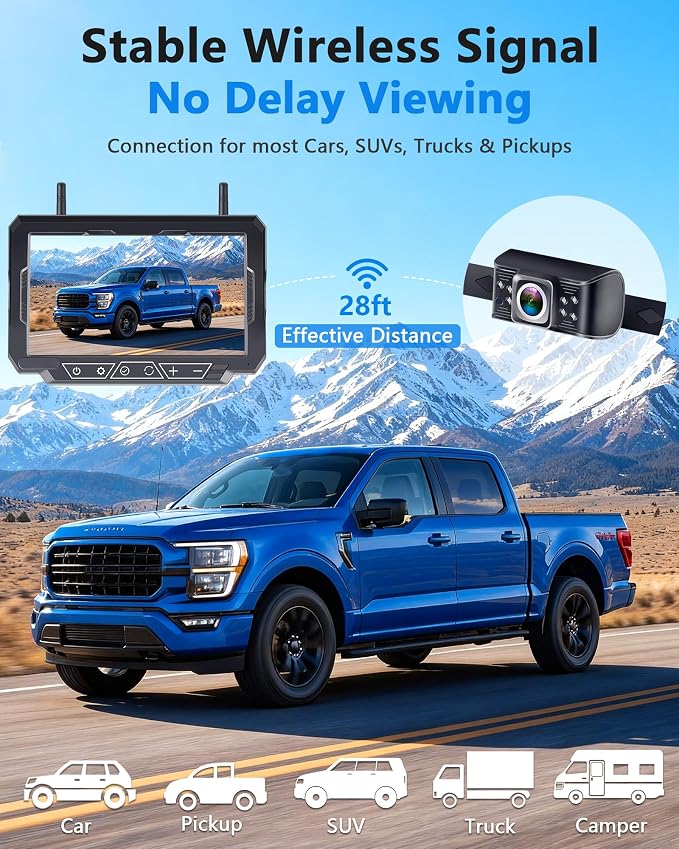1080P HD 7-Inch Wireless Backup Camera: 15-Min Easy Install Plug & Play - Continuous Loop Recording with One-Button Playback Rear View Camera for Truck Pickup Car SUV Parking Safety Towing Assistance