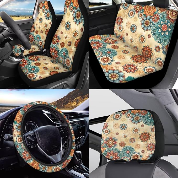 KEIAHUAN Boho Mandala Flower Car Seat Cover Set for Women 11 Pieces Includes Car Front Rear Seat Cover Steering Wheel Cover Handbrake Cover Headrest Covers Cup Coaster Auto Interior Accessories
