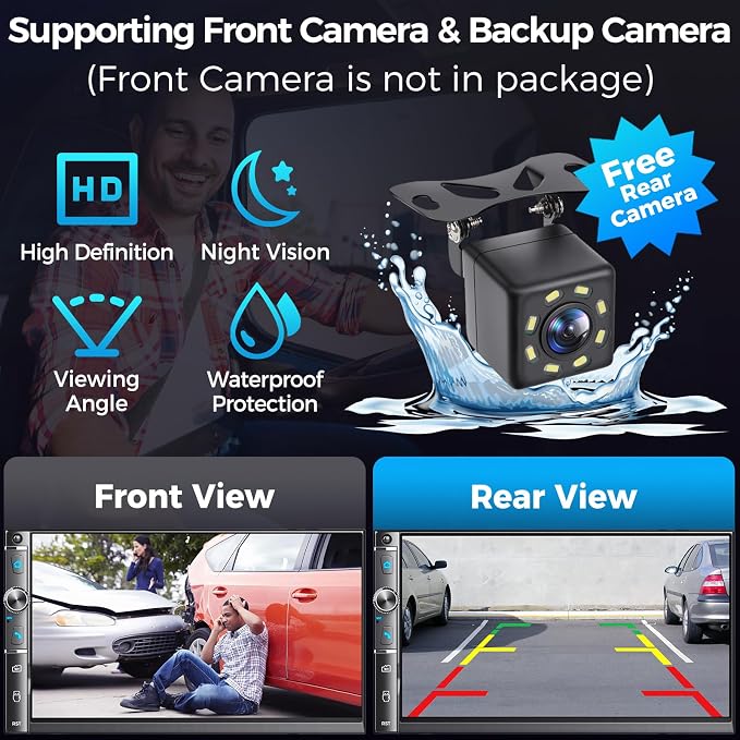 7" Double Din Car Stereo, Wireless Apple Carplay & Android Auto, HD Touchscreen, Bluetooth, 240W, SWC, Subwoofer Output, FM/AM, Mirror Link, Backup Camera, Car Radio Receiver