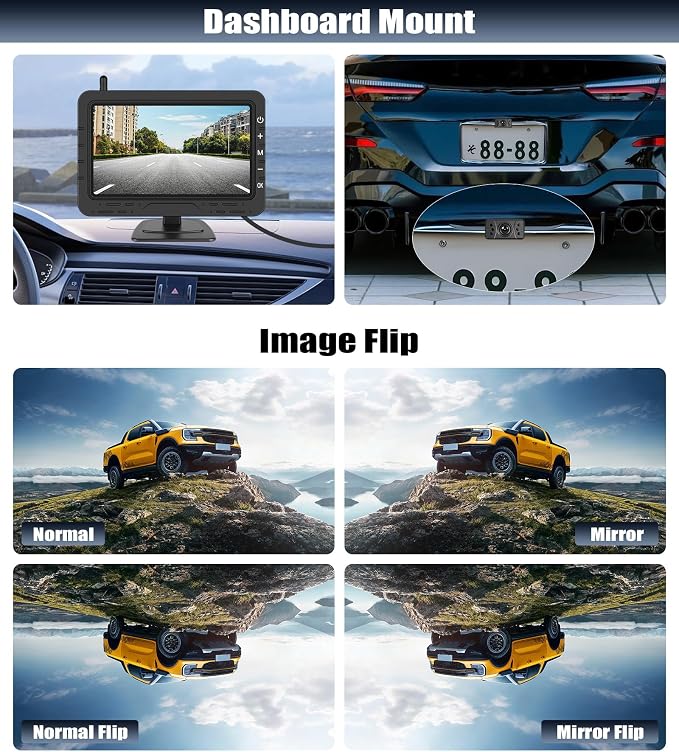 Wireless Backup Camera 4.3" TN Display, IR Night Vision, Customizable Parking Lines, Digital License Plate Rear View Camera for Truck Pickup Trailer Car RV Camper SUV Ease Install