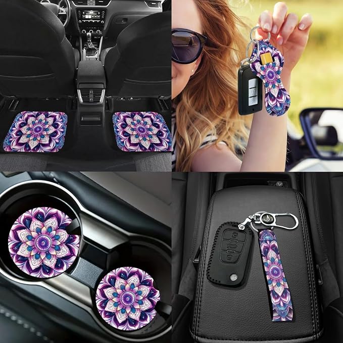 Purple Hippie Lotus Car Seat Covers Full Sets of 17Pcs Boho Lotus Car Accessories Set with Auto Front Rear Foot Carpet Car Seat Belt Cover Steering Wheel Cover,Universal Fit for Most Car SUV