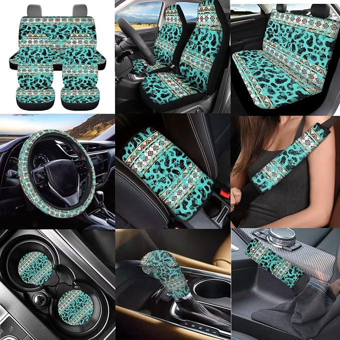 Dreaweet Turquoise Aztec Cow Print Car Seat Covers Full Set with Steering Wheel Cover/Seat Belt Pad/Armrest Covers/Cup Coasters/Handbrake Cover/Gear Shift Knob Handbrake Cover,12 Pcs Set,Universal