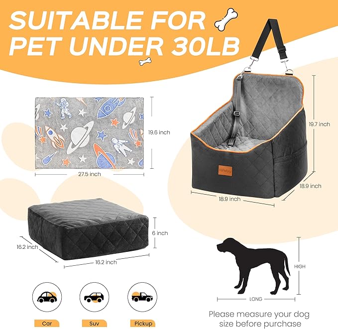 HiPetpy Dog Car Seat for Small Dog, Booster Seat for Dogs Under 30lb, 6" Elevated Pet Seat with Pockets, Anti-Slip Bed for Car, Perfect for Front & Back Seats with Safety Leash (Black/Grey, Medium)