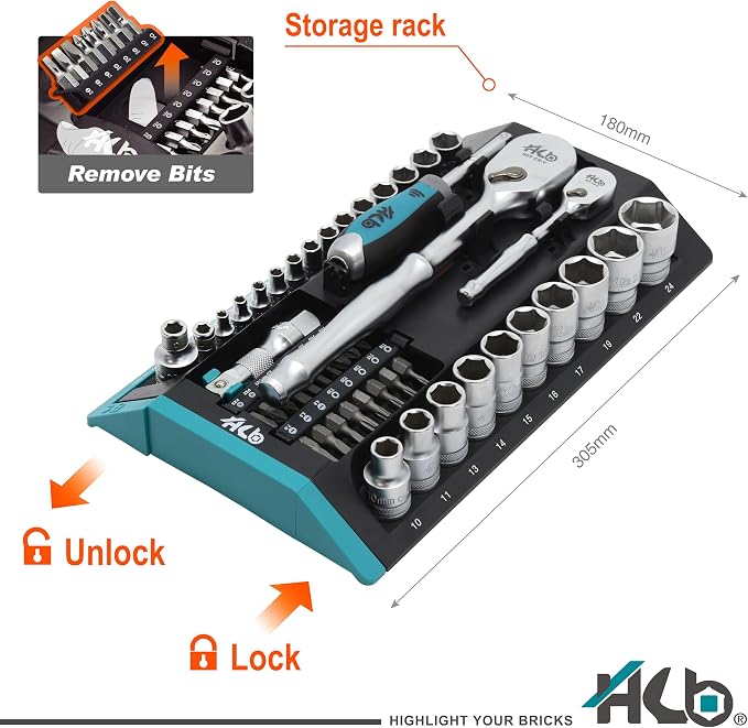 HB 66-Piece Socket Set AKM032-U | 1/4" & 1/2" Drive 90-Tooth Sealed Head Ratchets 4° Arc Swing | Chrome Vanadium Steel Micro-Chrome Finish | SAE Metric Sockets Portable Rack Made in Taiwan