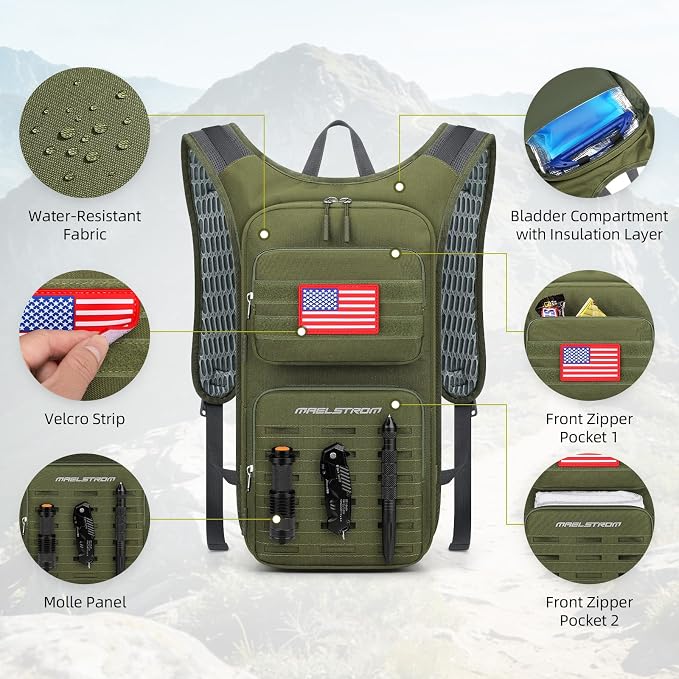 Maelstrom Tactical Hydration Backpack,Water Pack with 2L Water Bladder | BPA-free,MOLLE Compatibility,lightweight,insulated layer, Breathable back panel and shoulder,for running/hunting/cycling