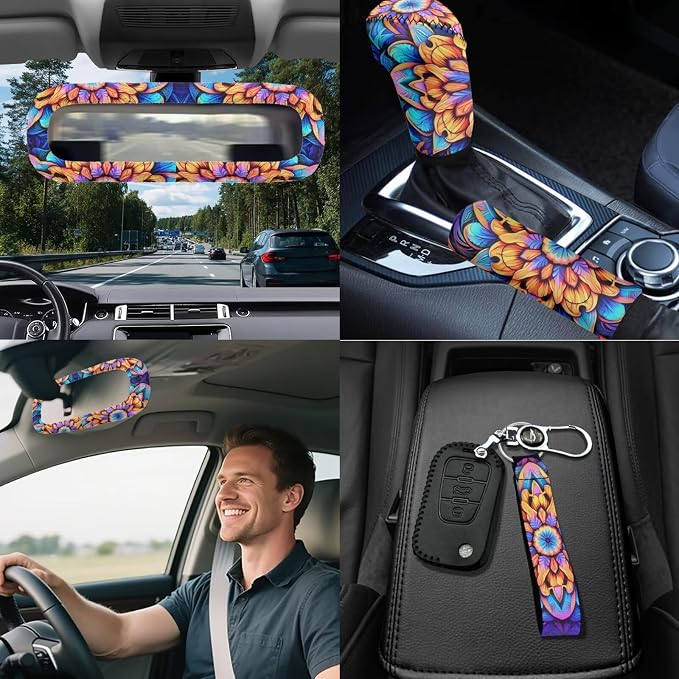 Mandala Lotus Car Seat Covers Full Set 18 Pcs Universal Car Interior Accessories Full Sets Hobo Mandala Flower Steering Wheel Cover Car Seat Belt Pads Cover Car Headrest Covers Keychain