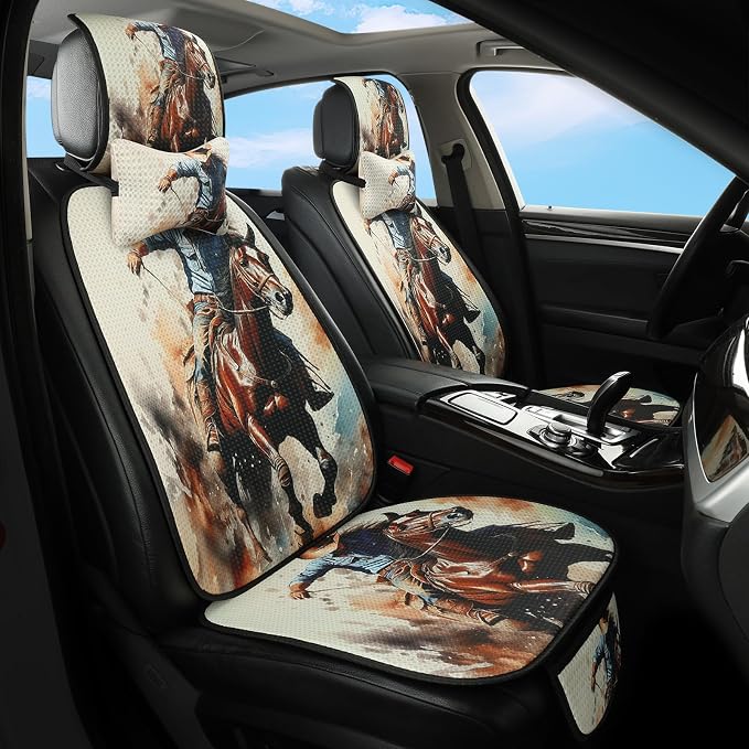 Luxury Boho Car Seat Covers Set,5-Seat Full Set with Headrest,Cowhide cowboy Ranch Western Vintage Bohemian Pattern Honeycomb Knit Fabric,Breathable&All-Season Universal Automotive Seat Protectors