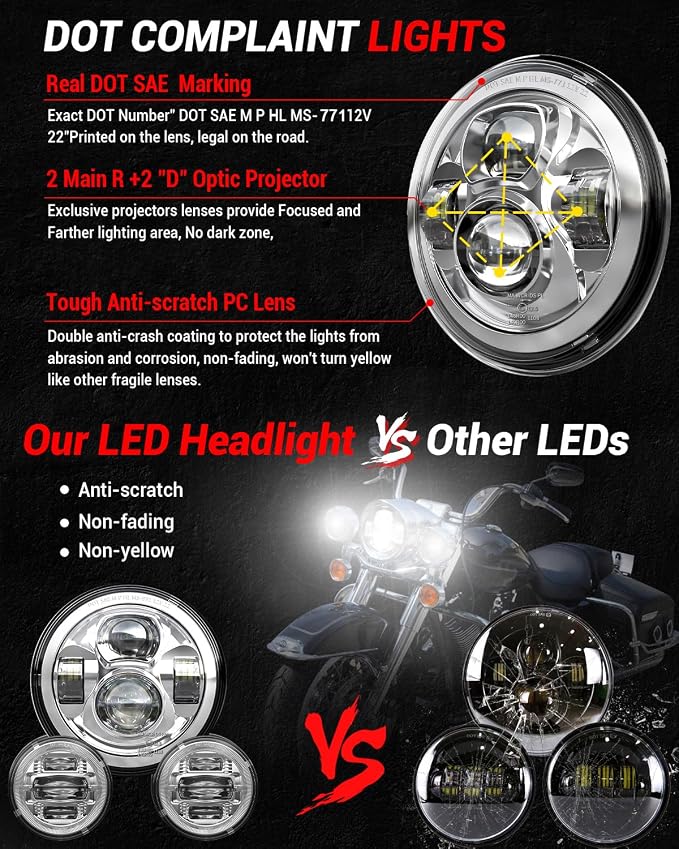 Z-OFFROAD New 7 Inch Motorcycle LED light 4.5" Fog Passing Lights, DOT Kit Compatible with Harley Davidson Road King Electra Glide Ultra Classic Heritage Softail Fat Boy Street Glide, Chrome
