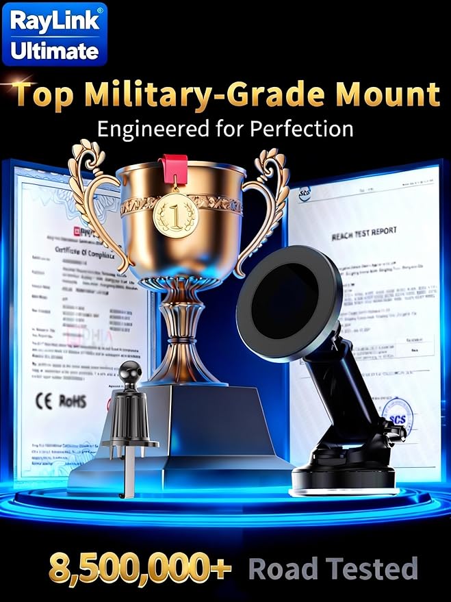 RayLink for Military-Grade Magnetic Car Mount【122+lbs Suction & 25lbs Magnet】 for MagSafe Phone Holder【3-in-1 Windshield+Vent+Dash】 Universal Cell Phone Holder for Car Truck SUV