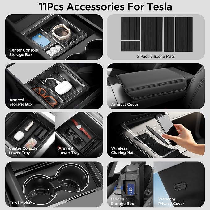 11PCS Center Console Organizer for Tesla New Model 3 Highland Under Center Armrest Storage Armrest Cover Hidden Storage Charger Pad for Tesla Model 3 Accessories 2024-2026 Black