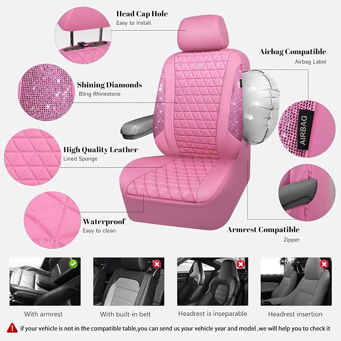 CAR PASS Bling Diamond Pink Leather Car Seat Covers for 2 Front Seats Protector, Waterproof Shining Glitter Sparkly Crystal Universal Armrest Fit Automotive Truck SUV Cute Women Girl, Pink Rhinestone