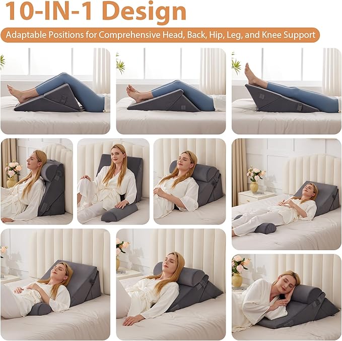 3PCS Wedge Pillow for Acid Reflux Relief, Adjustable Wedge Pillow Headboard, Bed Wedges Pillow for Back Pain Relief, Sleeping, Post Surgery, Back Support Pillows for Sitting Up, Snoring, Plush Grey