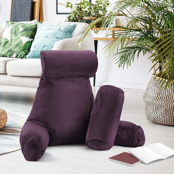 Nestl Reading Pillow with Shredded Memory Foam Includes 2 Neck and Lumber Support Pillows, Designed for Sitting Up in Bed and Couch, Back and Arms Adjustable Support for Adult & Teens, Purple