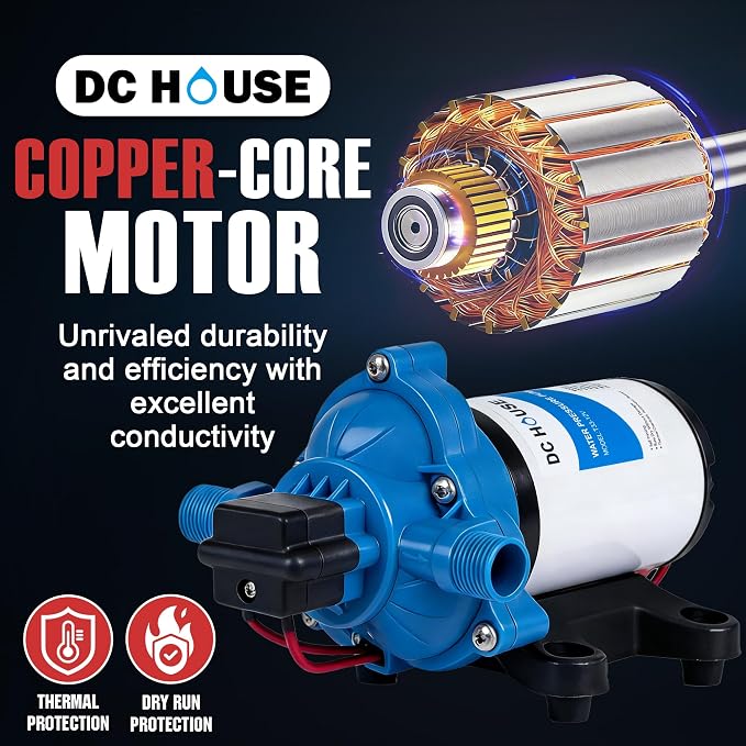DC HOUSE 33 Series 12V RV Water Pump 3.5GPM 45PSI, 3-Chamber Diaphragm Pump with Built-in Pressure Switch, Quiet Self-Priming Demand Pump for Camper, Boat, Cabin, Off-Grid System