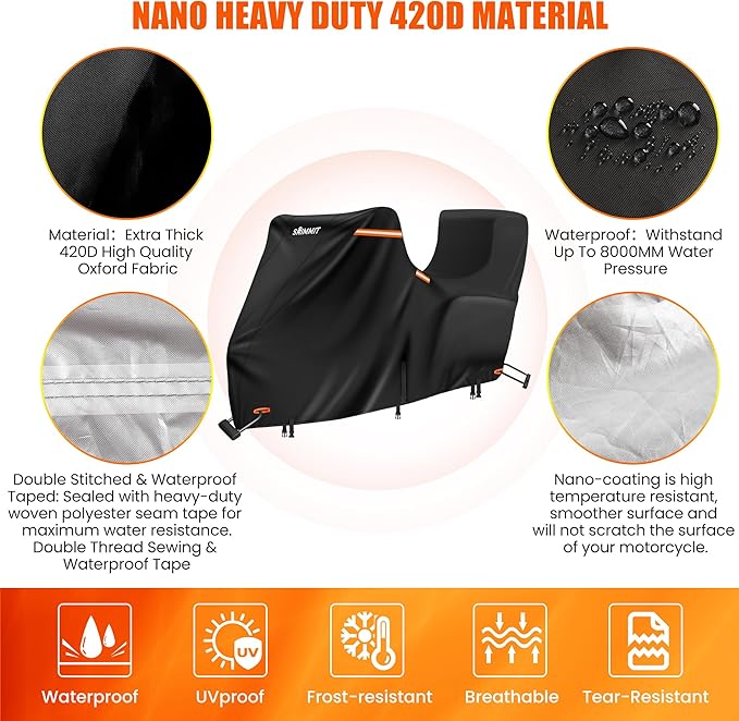 Motorcycle Cover with Side + Top Box, 420D Heavy Duty Nano-Coated, Touring Bike Cover, 5 Reflective Strips,Air Vents,3 Windproof Buckles,Antenna Zipper