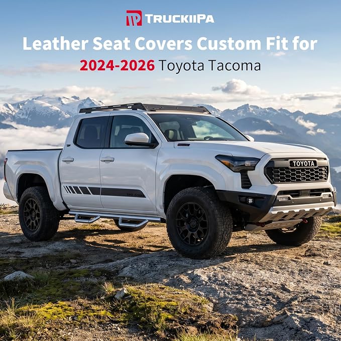 Truckiipa Custom for 4th Gen Tacoma Seat Covers Front Pair, Waterproof Leather Seat Cushion Covers Fit for 2024 2025 2026 Toyota Tacoma Double Crew Cab, Front Pair, Black&Blue