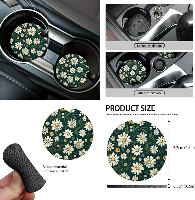 Daisy Print Car Seat Cover Sets for Women Full Set, Universal Front and Rear Split Bench Seat Cover with Steering Wheel Cover Safety Belt Pads Garbage Bag Car Air Vent Organizer