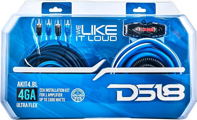 DS18 AKIT4.BL 4-GA Amplifier Installation Kit Up to 1680 Watts RMS, Mini-ANL Fuse Holder, Speaker & RCA Cables, CCA Amplifier Wiring Kit, Ultra Flex Wire, Amp Wire Kit, Amp Wiring Kit 4 Gauge - Blue