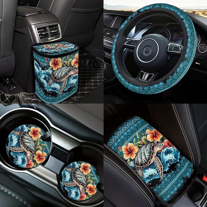 Navajo Sea Turtle Car Seat Covers Full Sets 18 Pieces Sea Turtle Car Interior Accessories Sets with Car Seat Belt Pads Cover Car Headrest Covers Steering Wheel Cover Vehicle Trash Bag