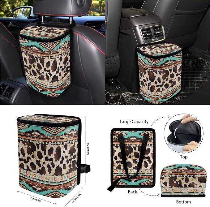 Aztec Tribal Geometric Brown Cow Print 15 PCS Auto Interior Sets Front Rear Seat Covers for Cars Steering Wheel Cover Seatbelt Cushion Air Vent Storage Bag Trash Bin Coasters Keychain