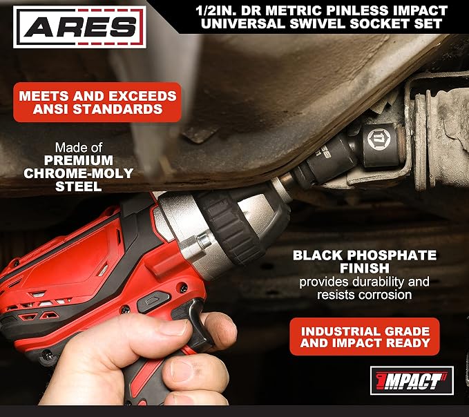 ARES 25125-11-Piece Metric Pinless Universal Swivel Impact Socket Set - 1/2-Inch Drive Swivel Impact Sockets Access Hard to Reach Fasteners – Pinless Design Allows for Smooth Full 360 Degree Action