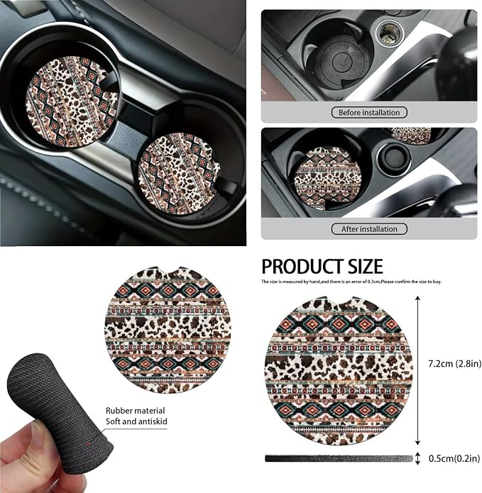 Wanyint Car Seat Covers Set for Women, with Steering Wheel Rear View Mirror Cover Seat Belt Pads Trash Bin Sunglass Pocket Coasters Key Chain Car Accessories, 15 PCS Set, Aztec Navajo Cow Print