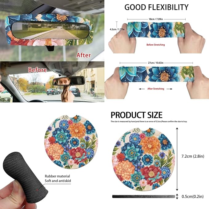 Boho Floral Dragonfly Car Seat Covers Set of 15 with Universal Steering Wheel Cover, Rearview Mirror Cover, Car Trash Can, Seatbelt Pads, Cup Holder Coasters, Keychains