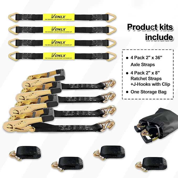 Car Trailer Tie Down Straps 4 Pack Kit, 2" x 8" Ratchet Straps Tie Down with Double J Hook with Clip, 2" x 36'' Heavy Duty Axle Strap for Car, Truck, UTV Transport,10,000lbs Break Strength