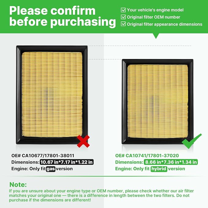Engine+Cabin Air Filters (All Only Fit Hybrid, Not Gas!) Fit for 2016-2018 Toyota RAV4 Hybrid 2.5L, 2010-2015 Prius Hybrid 1.8L Engine Air Filter Replacement# 17801-37020 CF10285