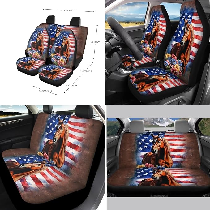 Xoenoiee America Flag Horse Floral Pattern 11 Pcs Universal SUV Car Seat Covers Auto Interior Accessories Full Set with Steering Wheel Covers, Seat Belt Pads, Key Chain, Car Cup Mat