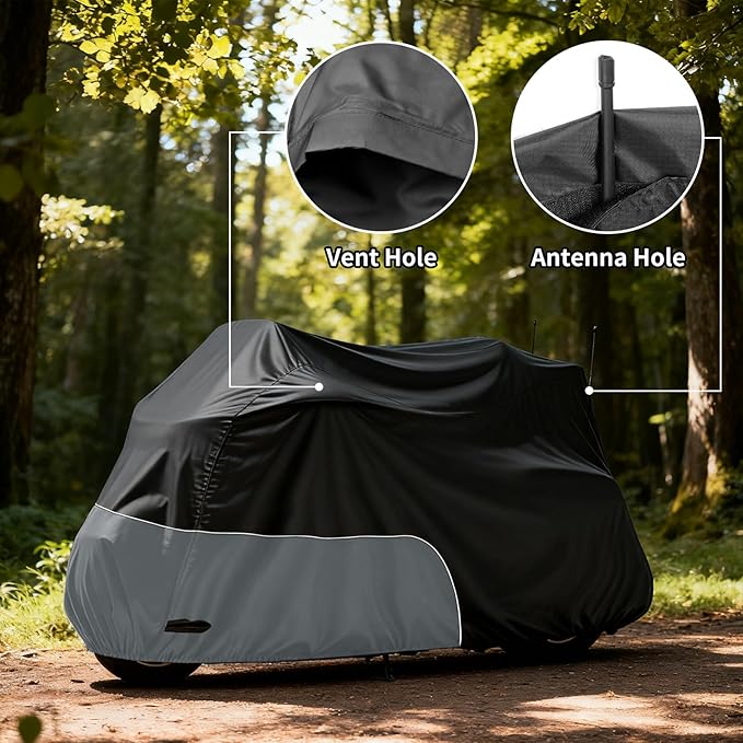 Motorcycle Cover Heavy Duty Waterproof, for Motorcycle with Side+Top Box, Compatible with Harley Davidson Ultra Ltd, Road Glide Ltd, Honda Goldwing, BMW, Indian Motorcycle Accessories, Black/Grey