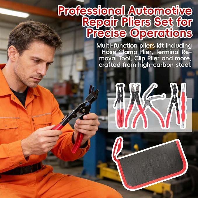 6 Piece automotive electrical disconnect pliers kit, Electrical connector removal tool for Cars, professional hose clamp kit, Plug Release & Wire Terminal Remover, Clip Removal Tools, with Storage Bag