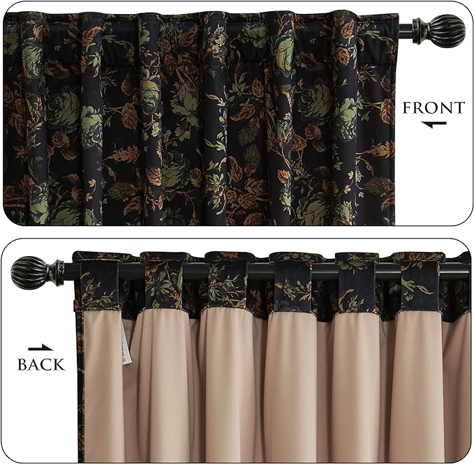 StangH Velvet Curtains 108 inches Long for Living Room, Black Thermal Insulated Curtains with Retro Floral Design for Dining Room Sliding Door Theater, 52 x 108-inch, 2 Panels