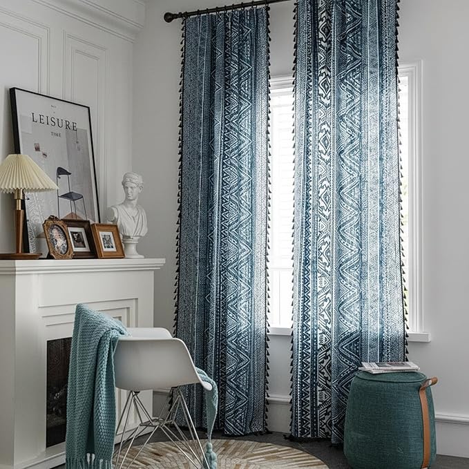 ColorBird Blue Boho Curtains Farmhouse MCM Western Striped Aztec Light Filtering 84 Inches Window Treatment Patterned Drapes for Bedroom Living Dining Room Kitchen Boho Chic Decor