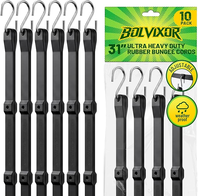 Adjustable Bungee Cords with Hooks (10 Pack) – 31" Heavy Duty EPDM Rubber Tarp Straps, 6-Way Adjustable Length, Max Stretch 2X, Load 180+ LBS, Crimped S Hooks for Cargo, Trucks, Camping