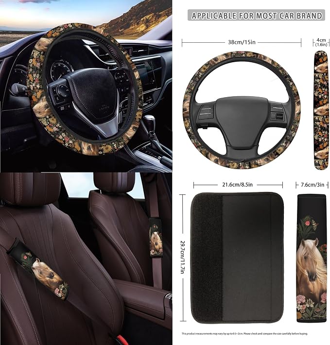 Horse Floral Print 15 PCS Car Front Back Seat Covers Set, Steering Wheel Cover Seatbelt Strap Pad Trash Cans Rear View Mirror Cover Air Vent Storage Bag Cup Coasters Keychain Universal Fit