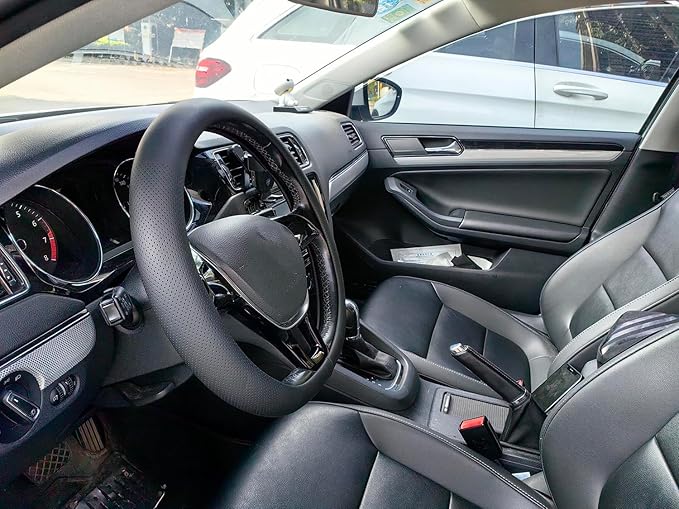 XHRING Car Steering Wheel Cover for Ford Fusion Mustang Bronco/Bronco Sport Ranger Maverick Edge Explorer Escape Focus Ecosport Transit Connect Fiesta Taurus Flex Accessories, Black Leather 14 1/2-15"