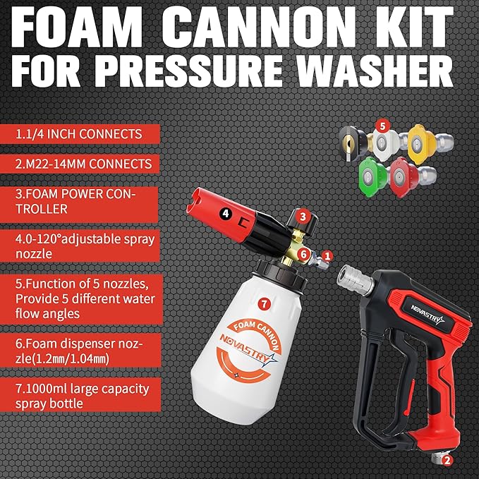 Pressure Washer Foam Cannon Gun & Sprayer Kit, Car Wash Kit, 5 Adjustable Nozzles, 1/4" Quick Connect, Fits 1000-4000 PSI, Includes Foam Sprayer & Accessories