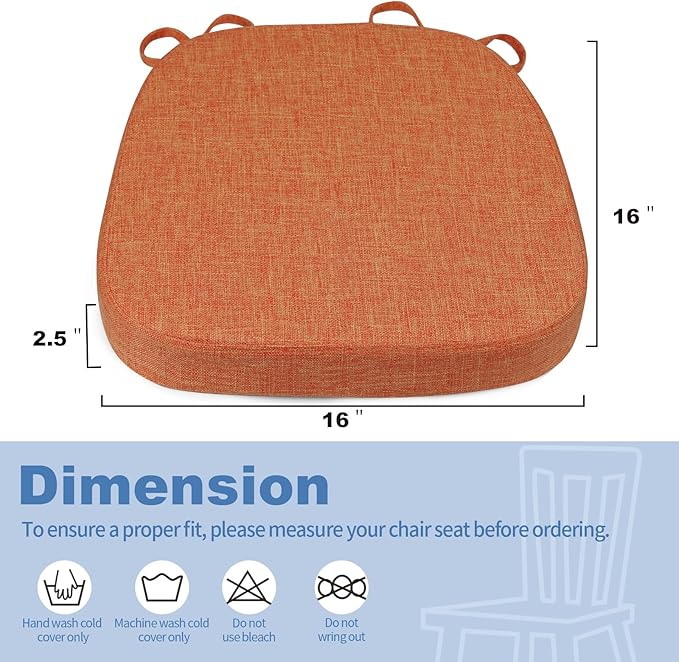 BUYUE Thickened 2.5" Dining Chair Cushions Set of 6, U-Shape High Density Foam Comfortable Chair Pads for Kitchen, Slip Resistant Indoor Seat Cushions (6 PCS, Orange)