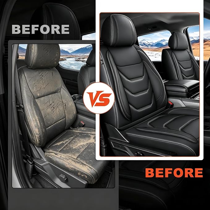 for Ford F150 SuperCrew Seat Covers 2009-2026 Full Set All Trims | Custom Leather F250/F350/F450 Seat Covers 2017-2026 XL XLT Lariat Platinum King Rach Limited Airbag Safe Full Waped, Black