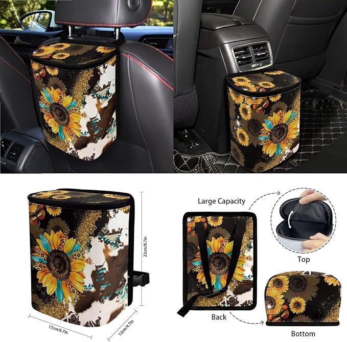 Wanyint Aztec Sunflower Leopard Cow Print 15 PCS Car Seat Covers Set, with Car Seat Protector Steering Wheel Cover Seat Belt Covers Trash Bin Sunglasses Pocket Rear View Mirror Cover Coasters Keychain
