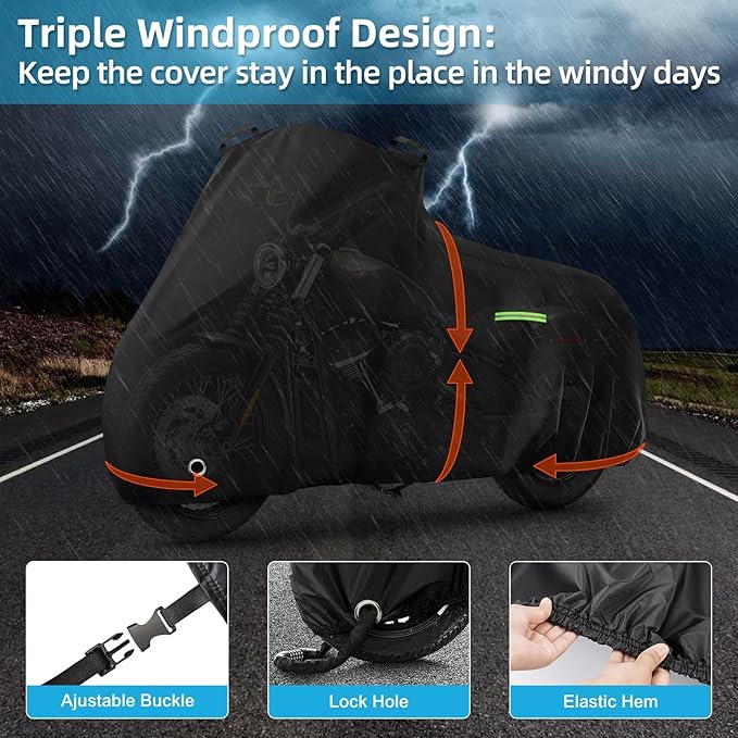Motorcycle Cover Waterproof for Cruiser Models/Softail Standard/Iron 883/Heritage Classic 114/Fat Boy 114, All Weather Sun Rain Outdoor Protection Motorbike Cover with Soft Cotton Lining & Storage Bag