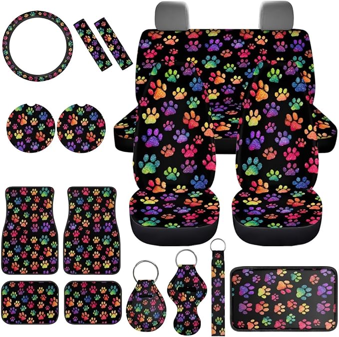 Dog Paw Prints Car Seat Covers Full Sets of 17 Pack,Colorful Dog Paw Prints Car Accessories Sets with Car Rubber Floor Mats,Steering Wheel Car Covers,Cup Coasters,Seat Belt Pads,Universal Fit